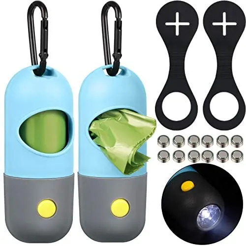 2 Pieces Dog Poop Pickup Bags Holder with LED Flashlight and 2 Rolls Dog Poop Pet Waste Bags Dog Waste Bags, 2 Pieces Dog Poop Waste Bag Holder Leash Waste Carrier, Dog Poop Waste Bag Holder Dispenser