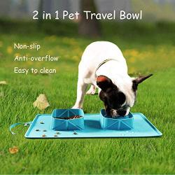 Lattook Collapsible Dog Bowls, Foldable Expandable Cup Dish for Pet Dog Cat Food Water Feeding Portable Travel Bowl, Food Grade Silicone Double Pet Bowl for for Camping, Hiking, Walking, Blue