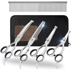 Beinhome Dog Grooming Scissors Kit with Safety Round Tip,5pcs Stainless Steel Heavy Duty Titanium Coated Pet Grooming Trimming Set,thinning,Straight,Curved Shears Comb for Long Short Hair for Pet