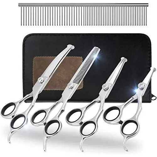 Beinhome Dog Grooming Scissors Kit with Safety Round Tip,5pcs Stainless Steel Heavy Duty Titanium Coated Pet Grooming Trimming Set,thinning,Straight,Curved Shears Comb for Long Short Hair for Pet Beinhome Dog Grooming Scissors Kit with Safety Round Tip,5pcs Stainless Steel Heavy Duty Titanium Coated Pet Grooming Trimming Set,thinning,Straight,Curved Shears Comb for Long Short Hair for Pet