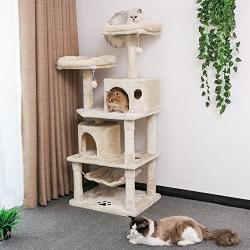 BEWISHOME Cat Tree with Sisal Scratching Posts, 2 Condos, Plush Perches, Jingly Balls and Hammock, Cat Condo Tower Furniture Kitty Kitten Activity Center Pet Play House Beige MMJ01M