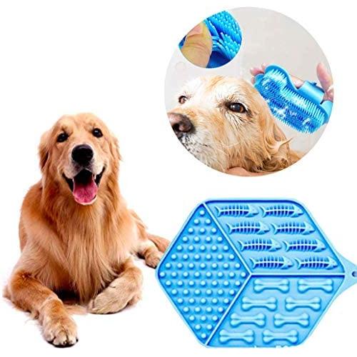SNE Dog Lick Pad and Dog Grooming Brush Bundle, Dog Lick Mat and Bath Brush for Dogs and Puppies, Reusable and Washable Silicone Dog and Puppy Training Kit