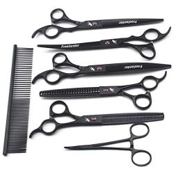 Freelander Pet Grooming Scissors Kit 8 inches Dog Grooming Set Black Used for Dog or Cat with Cutting Scissors, Thinning Shear, Curved Scissors, Grooming Comb