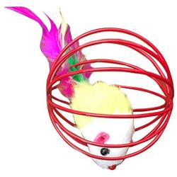 ocijf179 6.5cm Ball Cage Inner Mouse Cat Kitten Feather Playing Game Toy Pet Supplies - Random Color