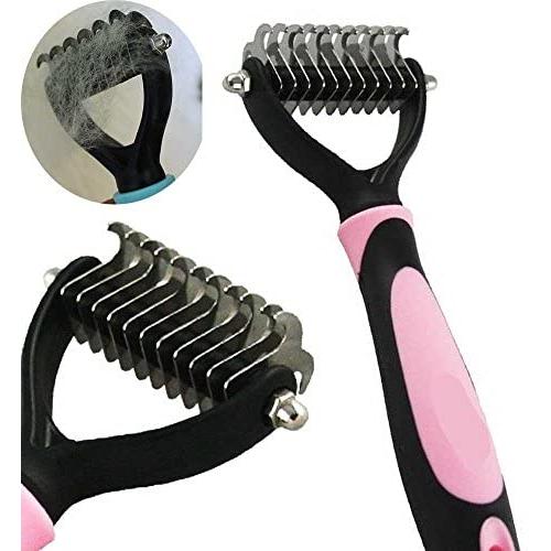 snailmon Double Sided Pet Dematting Rake Comb,6+11 Teeth,Professional Undercoat Rake Brush for Dogs & Cats, Blue/Pink (Pink)