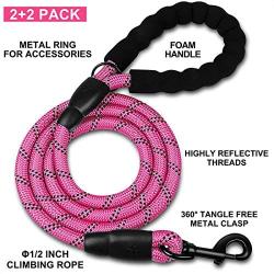 QUXIANG 2 Pack Dog Leash 5 FT Premium Quality Heavy Duty Nylon Pet Training Leash with Padded Handle Collapsible Pet Bowl Highly Reflective Rope Threads for Medium and Large Dogs Sturdy (Black/Pink)