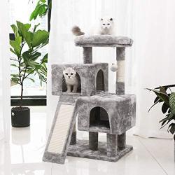 BEWISHOME Cat Tree Condo with Sisal Scratching Posts, Scratching Board, Plush Perch and Dual Houses, Cat Tower Furniture Kitty Activity Center Kitten Play House