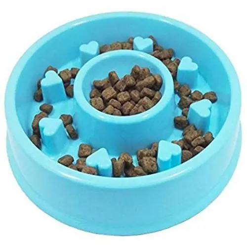 NACOCO Slow Feed Dog Bowl Rice Food and Water Bowls for Dog Cat Plastic Anti-Chock Pet Bowl Heart Shaped (Blue)