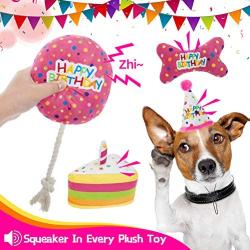 Dog Birthday Hat with Cake and Plush Squeaky Toys, Dog Birthday Party Supplies, Party Decorations for Boys, Puppy Chew Toys Gift for Dogs