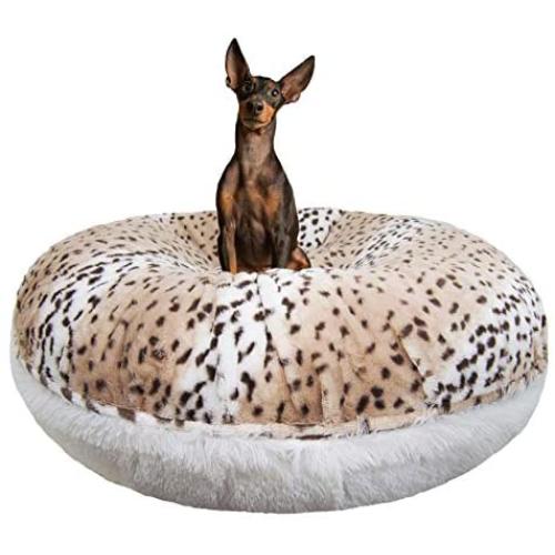 Bessie and Barnie Signature Aspen Snow Leopard / Snow White Luxury Shag Extra Plush Faux Fur Bagel Pet / Dog Bed (Multiple Sizes)