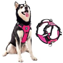 MeyKoo Dog Harness No Pull Soft Breathable,Easy Put on &Off No Choke Control Training Handle Outdoor Walk Joyride,Adjustable Reflective Padded Leash Vest Harness for Small Medium Large Dogs (L, Pink)