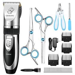 OMORC Dog Clippers, Low Noise Dogs Grooming Kit Rechargeable Cordless Dog Shaver Pet Clippers Professional Dog Hair Trimmer with 4 Comb Guides Scissors Nail Kits for Dogs Cats and Other Animals Silver