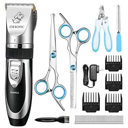 OMORC Dog Clippers, Low Noise Dogs Grooming Kit Rechargeable Cordless Dog Shaver Pet Clippers Professional Dog Hair Trimmer with 4 Comb Guides Scissors Nail Kits for Dogs Cats and Other Animals Silver