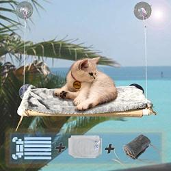 RUN HELIX Cat Window Perch with Plush mat, Cat Hammock for Indoor Large Cats, Cat Beds with 4 Sturdy Suction Cups, cat Shelves Providing All-Around 360° Sunbathe Hold 30lb-50lb (Beige Premium Set)