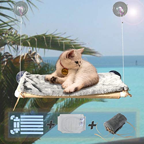 RUN HELIX Cat Window Perch with Plush mat, Cat Hammock for Indoor Large Cats, Cat Beds with 4 Sturdy Suction Cups, cat Shelves Providing All-Around 360° Sunbathe Hold 30lb-50lb (Beige Premium Set)