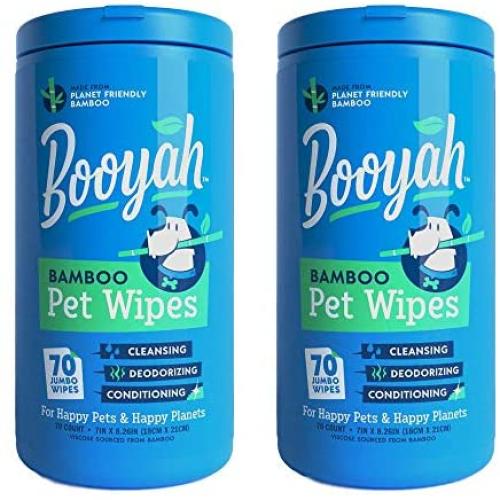 Booyah Tree Free Bamboo Pet Wipes, Hypoallergenic & Deodorizing Cleaning Wipes for Dogs and Cats - Unscented, 2 Canisters, Total of 140 Jumbo Wipes