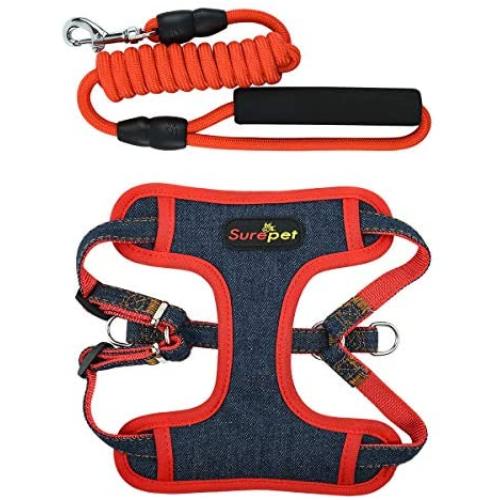 DYAprWu Denim Adjustable Dog Vest Harness & Leash Set Jean Step-in Harness Leash Set for Small Medium Puppies and Cats