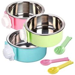 kathson Crate Dog Bowl, Stainless Steel Removable Hanging Cage Food Bowl Pet Food Spoon & Water Feeder Bowls Coop Cup for Puppy Cat Bird Rabbit（3 PCS）