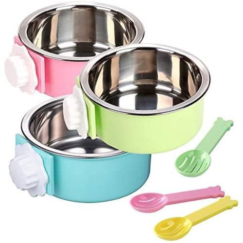 kathson Crate Dog Bowl, Stainless Steel Removable Hanging Cage Food Bowl Pet Food Spoon & Water Feeder Bowls Coop Cup for Puppy Cat Bird Rabbit（3 PCS）
