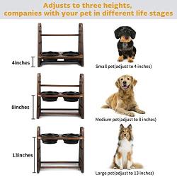 Emfogo Dog Bowls Elevated 3 Heights 4in 8in 13in Wood Raised Dog Bowl Stand with Double Collapsible Travel Bowls Raised Feeder for Dog Cat 16.7x15.5 inch Weathered Walnut