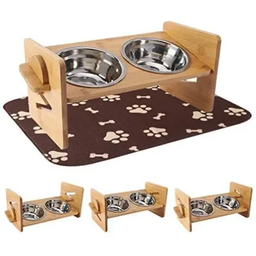 Raised Pet Bowls for Cat and Dog - Adjustable Bamboo Elevated Feeder Stand with 2 Stainless Steel Bowls and Highly Absorbent Waterproof Dog Food Mat, Antislip Pet Food and Water Bowls Raised Pet Bowls for Cat and Dog - Adjustable Bamboo Elevated Feeder Stand with 2 Stainless Steel Bowls and Highly Absorbent Waterproof Dog Food Mat, Antislip Pet Food and Water Bowls