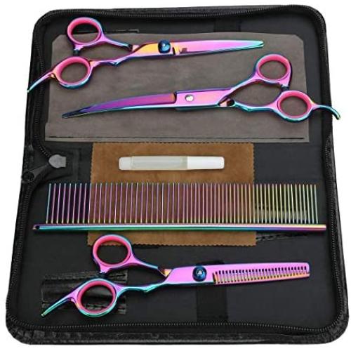 INTSUN Dog Grooming Scissors Kit , Pet Grooming Scissors for Dog Professional Pet Trimmer Kit Grooming Shears Thinning 7-inch Cutting Scissors, Thinning Shear, Curved Scissors, Grooming Comb (Rainbow)