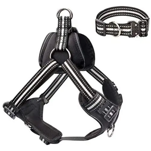WINSEE Dog Harness and Collar Set for Large Dogs Black, Reflective Adjustable Step in Dog Halter Harnesses no Pull with Cobra Buckle Dog Collar Heavy Duty, Soft Padded Pet Vest Walking Harness WINSEE Dog Harness and Collar Set for Large Dogs Black, Reflective Adjustable Step in Dog Halter Harnesses no Pull with Cobra Buckle Dog Collar Heavy Duty, Soft Padded Pet Vest Walking Harness