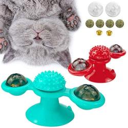 JHT 2PACK Windmill Cat Toy Turntable Teasing Toys with Two Flash Lights Four Catnip Two Balls Strong Suction Cup Spinning Cat (Blue &Red)