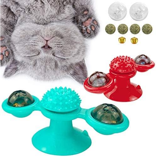 JHT 2PACK Windmill Cat Toy Turntable Teasing Toys with Two Flash Lights Four Catnip Two Balls Strong Suction Cup Spinning Cat (Blue &Red)