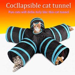 Pet Toys Cat Tunnels for Indoor Tube Cat 5 Way Peek Hole Toy Ball Cat Extensible Collapsible Cat Play Tent Interactive Toy Maze House Suitable for Animals Such as Puppy Rabbit Kitten (Blue & Black）