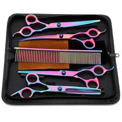 Professional Dog Grooming Scissors Set,Straight, Thinning ,Curved Scissors ,4pcs Set for Dog Grooming (rainbow)