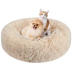 BAIXIXIG Soft Plush Round Donut Pet Bed is Suitable for Small and Medium Pets, Comfortable Luxury cat & Dog Bed，Non-Slip Bottom，23.6 Champagne Color