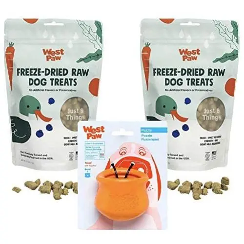 West Paw Duck Superfood Freeze-Dried Raw Dog Treats (2-Pack) & Zogoflex Toppl Treat Dispensing Dog Toy Puzzle (Small, Tangerine) West Paw Duck Superfood Freeze-Dried Raw Dog Treats (2-Pack) & Zogoflex Toppl Treat Dispensing Dog Toy Puzzle (Small, Tangerine)