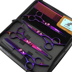 Freelander Pet Grooming Scissors Set 5PCS Stainless Steel Pet Trimmer Kit Hair Care for Dog or Cat with 6 inch Cutting Scissors Thinning Shear Curved Scissors Grooming Comb (purple)