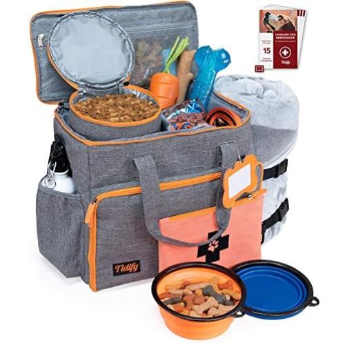 Dog Travel Bag Week Away/Overnight Accessories Organizer - Pet First Aid Pouch - Airline Approved - 2 Food Storage Containers and Collapsible Bowls - Water Resistant for Dog Lovers!