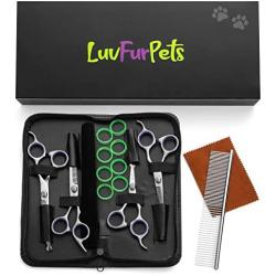 LuvFurPets Stainless Steel Dog and Cat Grooming Scissors with Safety Rounded Tips Pet Grooming Scissor Set for Dogs and Cats with Purple and Green Comfort Rings Cat Grooming Kit