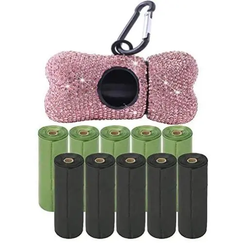 Bling Dog Poop Bag Holder with Bonus 150pcs Dog Poop Waste Bags and Metal Carabiner Clip, Bling Rhinestone Poop Bag Leash Dispenser for Pet Dog Doggy. (Pink)