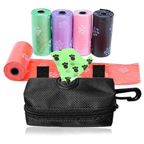 Lainrrew Dog Poop Bag Holder Leash Attachment, Waterproof Zippered Dog Poop Bag Dispenser Waste Bag Dispenser with 5 Rolls Waste Bags for Walking, Running, Outdoors