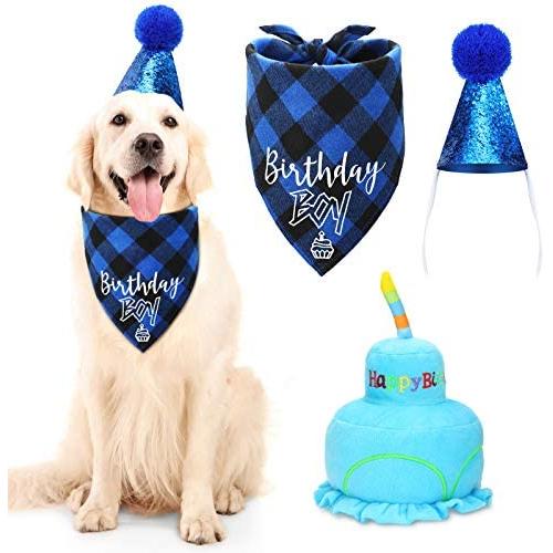 Weewooday Dog Birthday Boy Scarf Set Include Dog Birthday Bib Dog Party Hat Dog Cake Squeaky Toy Dog Birthday Party Supplies for Medium Large Dogs