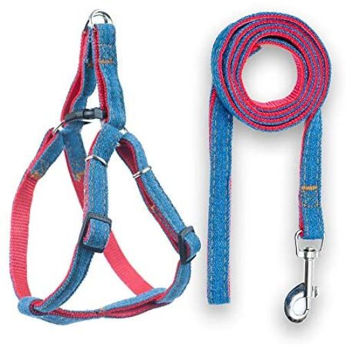 Bagoo Pets - Dog Harness & Dog Leash Collar for Small, Medium and Large Dogs - Adjustable & Durable Denim Dog Accessories - No Choke No Pull Gentle Dog Vest and Dog Collar - Perfect for Training Pet