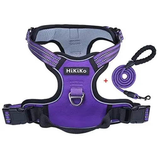 Hikiko Dog Harness and Leash Set,Adjustable Reflective Breathable Oxford Soft Vest Easy to Control Suitable Outdoor Walking for Small Medium and Large Dogs