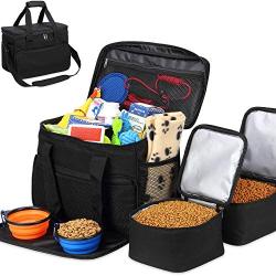 Kundu Cat & Dog Travel Bag - Includes 2 Food Carriers, 2 Bowls & Place Mat - Airline Approved - Black