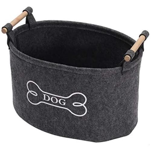 Brabtod Felt Dog Toy Bin and Dog Toy Box with Wooden Handle, Storage Basket for organizing pet Toys, Blankets, leashes