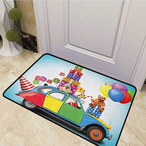 Bath Mat Colorful Car with Presents Toys Holiday Lollipops Party Hat Balloons Celebration Dog Pet Mat Rug No Odor Durable Anti-Slip Multicolor 31 x 47 Inch