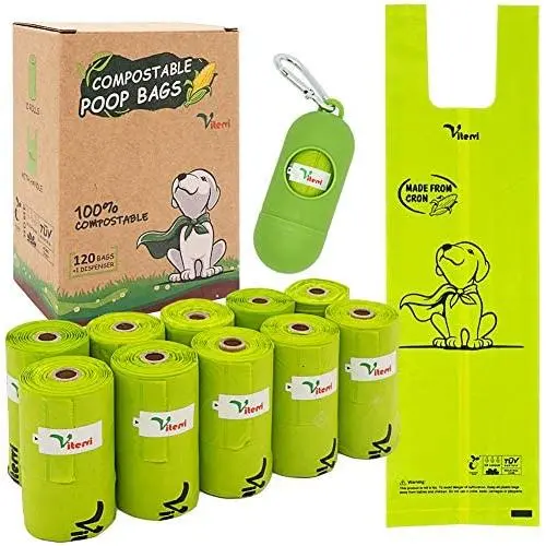 Vitervi Dog Poop Bags, Home Compostable Doggie Waste Bags with Dispenser and Leash Clip, Extra Thick Strong Doggie Waste Bags with Tie Handles, Vegetable-Based, Unscented Doggy Bags Refill Rolls
