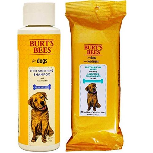 Burts Bees For Dogs Itch Soothing Shampoo with Honeysuckle and Multipurpose Wipes Grooming Bundle, 1 Each