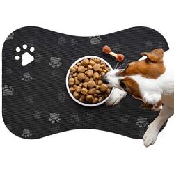 Pet Food Mat for Dogs and Cats Bone Shaped Paw Stripe Design Food Bowl Mat Flexible Waterproof Easy to Clean with Non Slip Backing Black