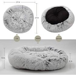 Richgra Donut Pet Beds, Cuddler Round Dog Bed, Faux Fur Ped Beds for Cat and Small Dog, Cozy Cat Cushion Bed, Improved Sleep Self Warming Indoor Round Dog and Cat Bed (23”x 23”, Grey)