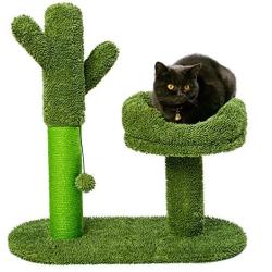 LUCKITTY Large Catcus Cat Scratching Post Tree with Play Ball and Bed Green-Cactus Cat Scratcher Protect Your Furniture with Natural Sisal Scratching Posts Pads and Bed