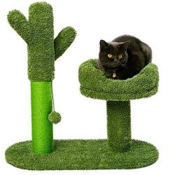 LUCKITTY Large Catcus Cat Scratching Post Tree with Play Ball and Bed Green-Cactus Cat Scratcher Protect Your Furniture with Natural Sisal Scratching Posts Pads and Bed